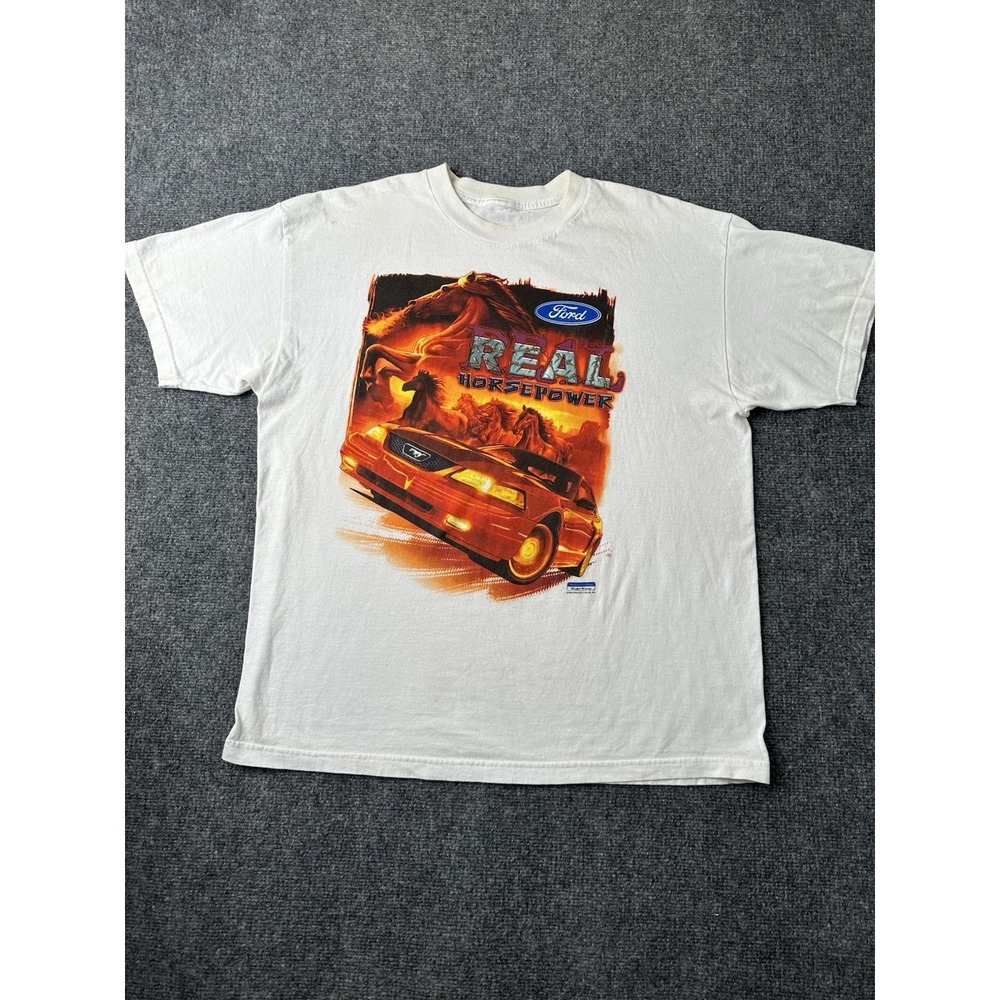 Mens Ford Mustang Real Horsepower Graphic T Shirt White 2000, Size XL